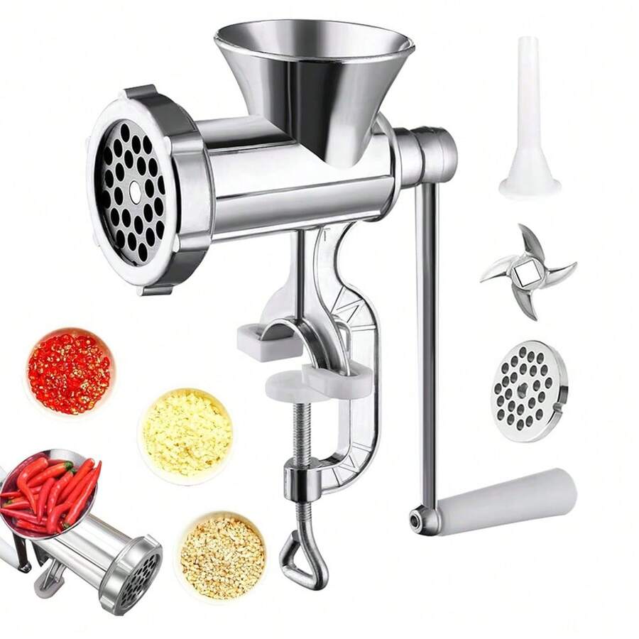 Picadora De Carne Manual - Procesador De Alimentos Manual Resistente - Picadora De Carne Para Hogar,Cocinas De Apartamento Residencia Pollo Pimiento Champiñon - Plateado - Ver 1
