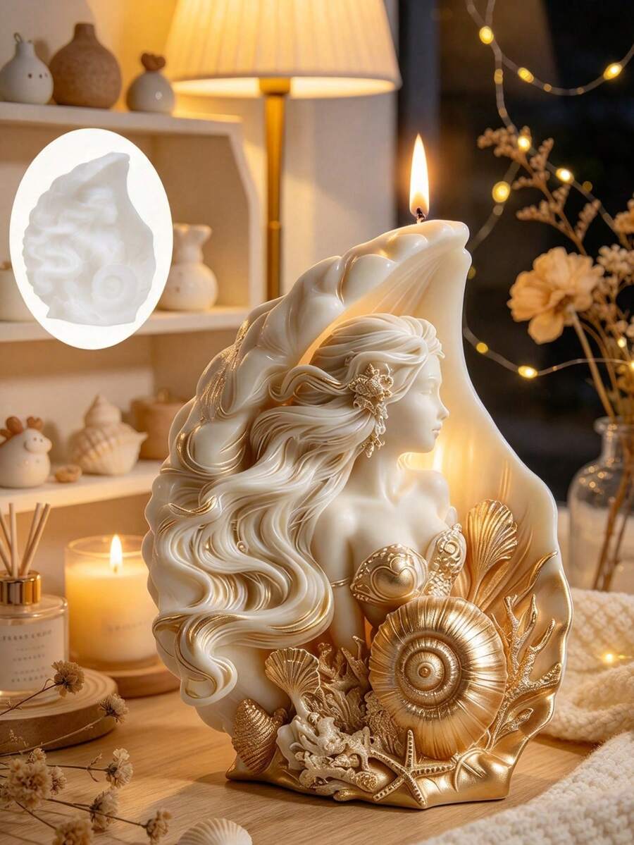 1个3D美人鱼贝壳蜡烛硅胶模具 - 细节浮雕,易脱模,适用于蜡烛/石膏/婚礼/情人节DIY装饰礼品 - 白色 - 查看 1