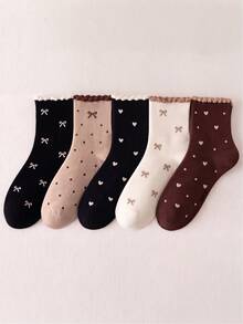 1/5 Pairs Women's Sweet Heart Bow Mid-Calf Socks, Soft & Breathable, Personalized, Preppy Style, Suitable For Home, Commuting, Holiday Gifts - Multicolor - View 5