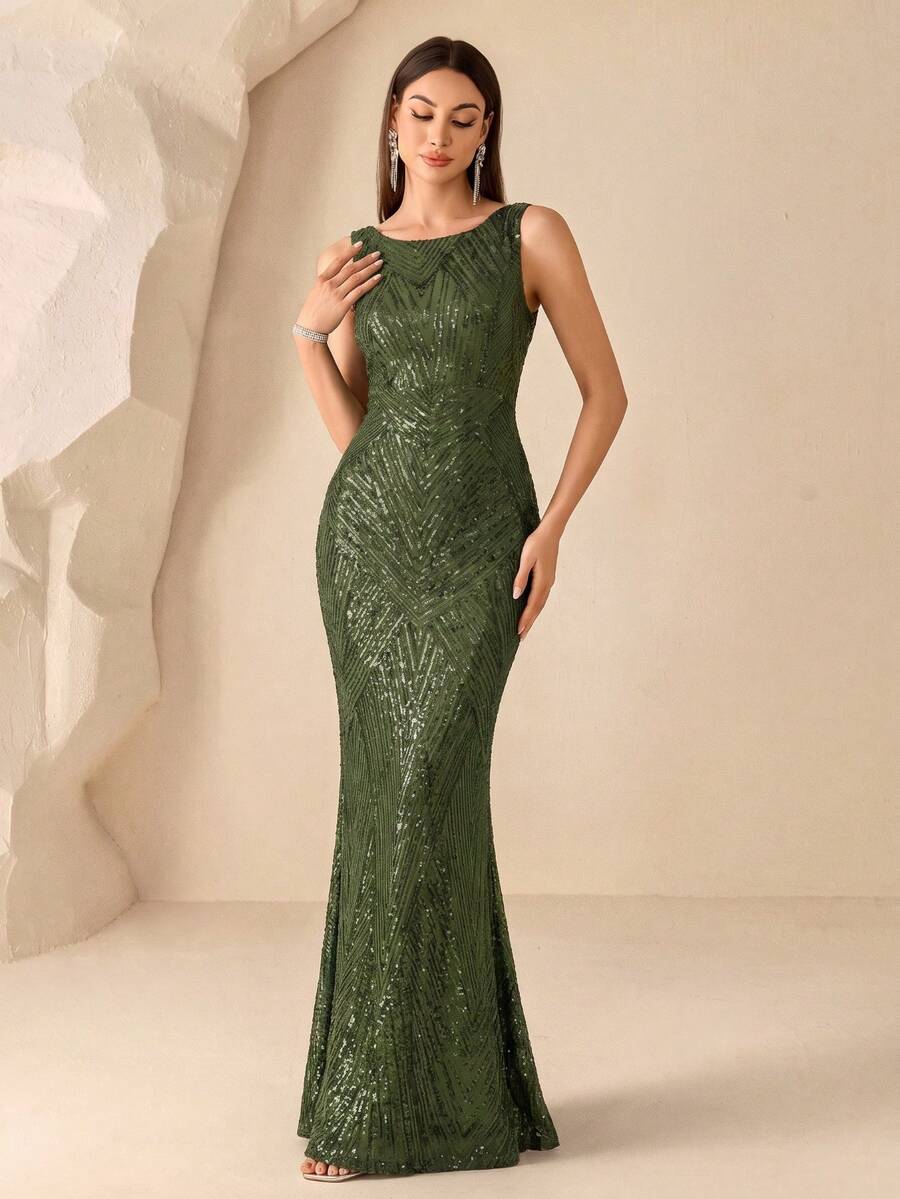 XUCTHHC 優雅無袖高彈性幾何亮片魚尾正式晚禮服，生日與婚禮賓客晚宴洋裝，秋季