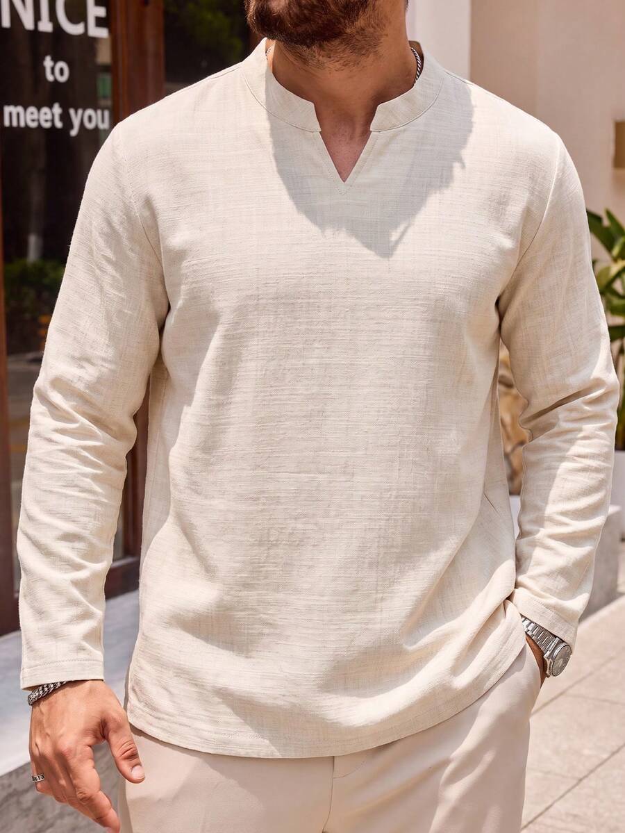 1件海軍藍仿亞麻紋理亨利領男士T恤,寬鬆落肩垂墜版型,輕量透氣聚酯纖維無彈力面料,度假風,可機洗,適合夏季海灘休閒男士短袖上衣 - 杏色 - 查看 1