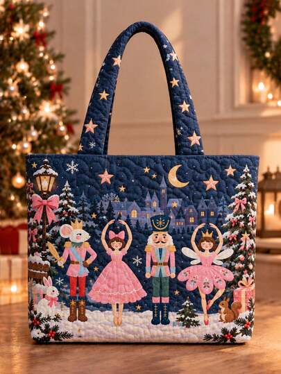 New Christmas Print Women's Tote Bag, Reusable Quilted Shopping Bag With Nutcracker And Ballerina Print, Dual Handle Design, Large Capacity Shoulder Bag, Casual Style, Also Suitable As Christmas Storage Bag; Suitable For Commuting, School And Shopping, Convenient For Outdoor Use, Essential For Home Life; Perfect Gift For Friends, Best Friends And Teachers, Also Suitable For Vacation, Holidays And Travel, Excellent Gift For Christmas Or Halloween. Gift For Ballet Lovers