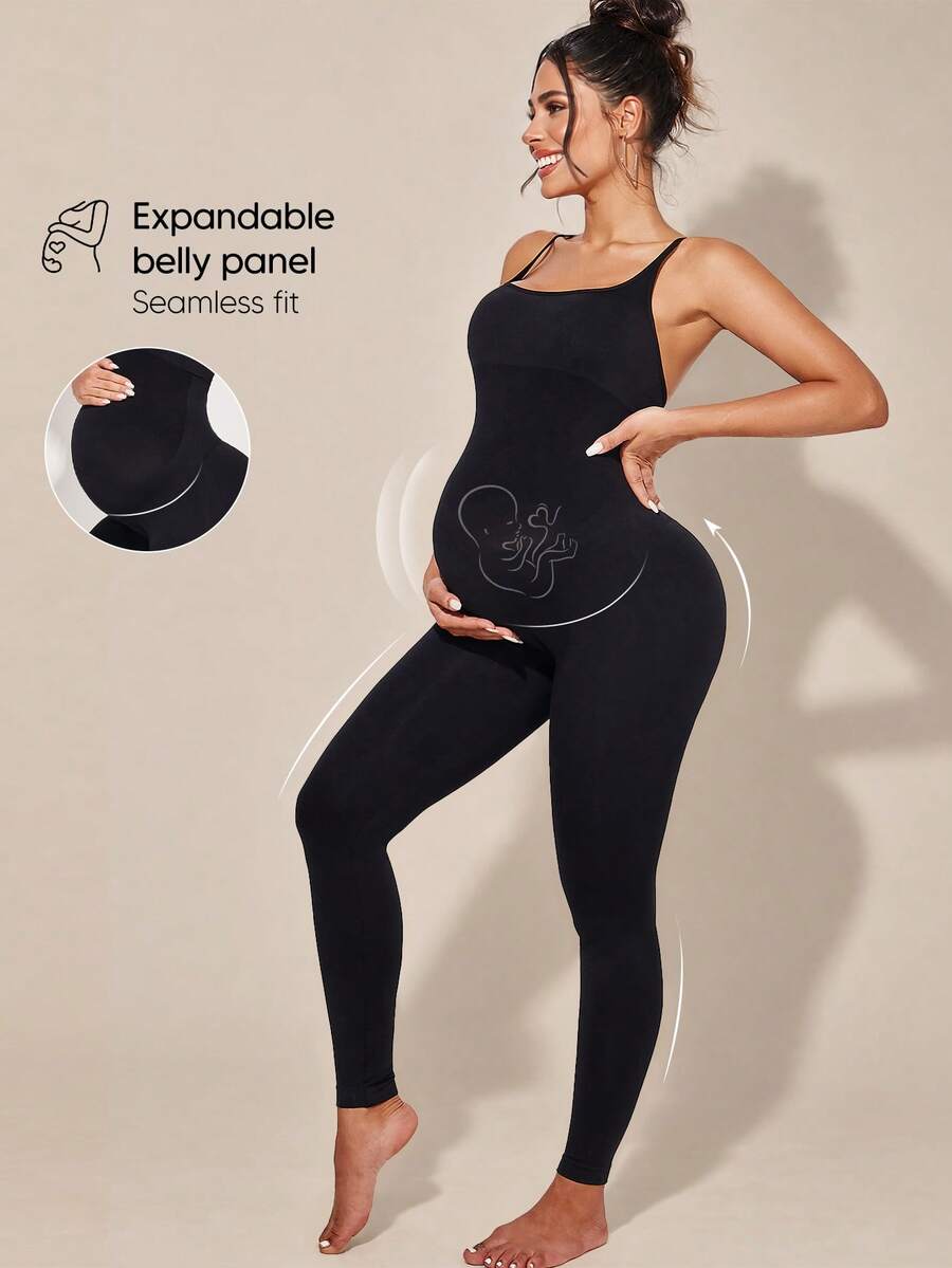 Maternity High Elastic Expandable Abdomen Sleeveless Jumpsuit Black Summer - Black - View 1