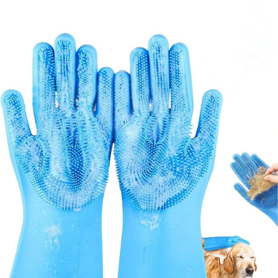 1 Pasang Sarung Tangan Mandi Hewan Peliharaan, Sikat Pijat Hewan Peliharaan, Sarung Tangan Pijat Silikon Multifungsi Anti Selip, Desain Lima Jari Tahan Panas, Untuk Mandi, Memijat, dan Menghilangkan Bulu Rontok, Cocok Untuk Anjing dan Kucing - View 1