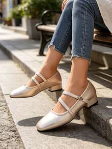 Champagne Mary Jane Heels,Women Square Toe Low Block Heel Pumps,Double Straps,Soft PU,Non-Slip Sole,Elegant Versatile Daily & Office Shoes For Ladies - Champagne - View 4