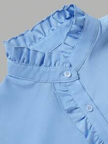 minisummer Women Elegant Fall Ruffle Stand Collar Shirt, Long Sleeve Button Down Blouse, Fall Clothes For Women, Vacation Outfits Women - Light Wash - View 4