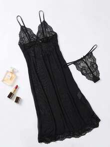 Plus Size Women's Sexy Mesh Strap Nightgown, Exotic Long Pajamas, Side Slit Design - Black - View 5