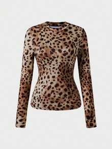 Casual Simple Fashion Daily Home Commute Round Neck Long Sleeve Basic Top, Casual Blouses, Basic Blouses, Chic Top, Leopard Print - Brown - View 6