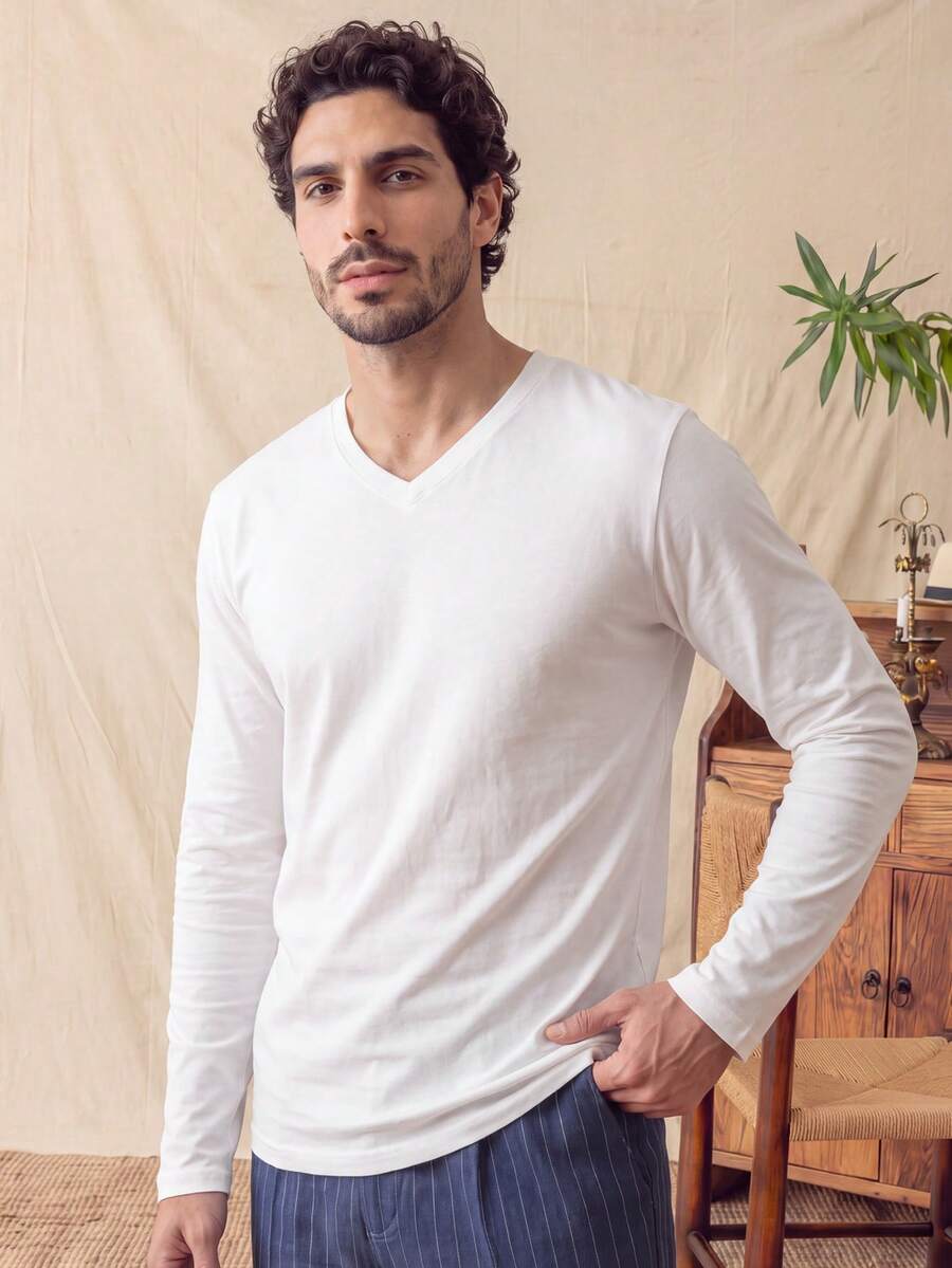 glestore Men's Retro"Old Money" V-Neck Long-Sleeve T-Shirt: Perfect For Both Work And Leisure; Can Be Worn On Its Own Or Layered - White - View 1