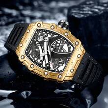 Barrel Hollow Dial Outfit Daily Commute Party Men's Quartz Wristwatch 3D Index Luminous Hands - Black - View 3