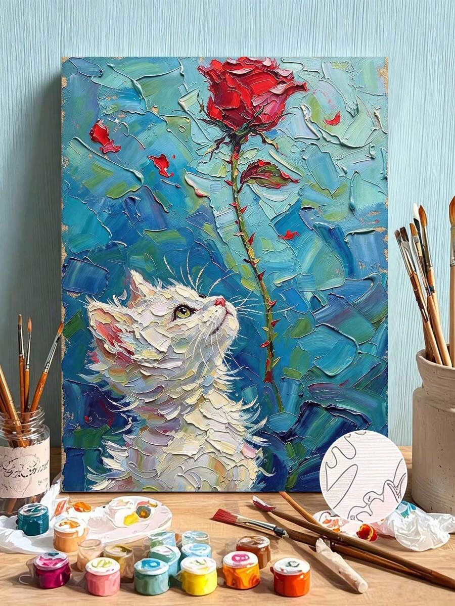 DIY Paint By Numbers Kit, Textured White Cat And Red Rose Digital Oil Painting, Handmade Home Wall Art Decor - A - View 1