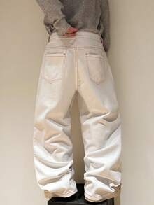 Justice Brother 1pc Personalized Contrast Stitching Comfortable Casual Men's Loose Wide Leg Denim Jeans Pants All Season Versatile Long Pants (Belt/Accessories Not Included) - White - View 7