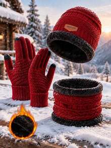3pcs/Set Unisex Winter Knit Hat Set, Warm Thickened Knit Hat With Scarf And Touchscreen Gloves, Thick Cold-Proof Weather Accessories, Suitable For Outdoor Daily Wear, Solid Color Casual - Multicolor - View 4