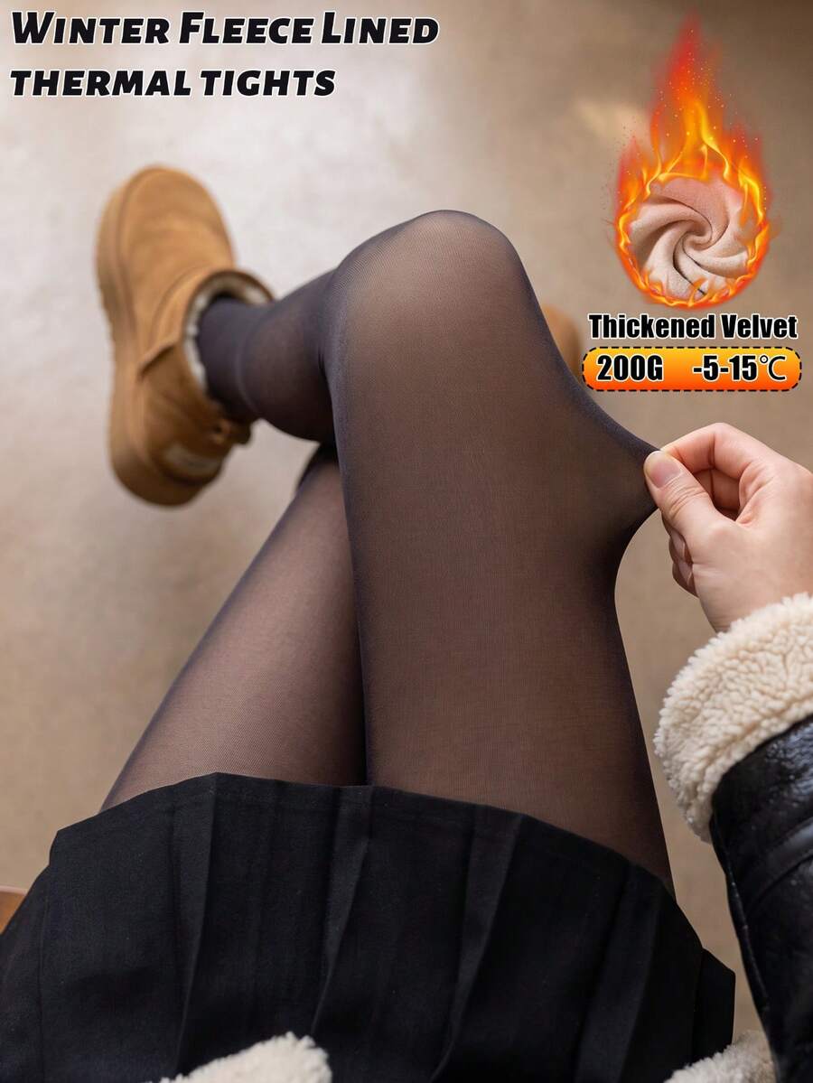 1pc Women's Winter Thermal Lined Faux Translucent Thermal Thickened Leggings, High Waist Elastic Daily Tights, Suitable For Cold Weather - Black - View 1