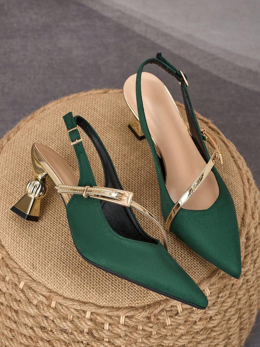 WHDXY Elegant Emerald Green Pointed Toe Heels, Metal Decor Asymmetric Heel, Suitable For Work, Commute, And Evening Occasions - Green - View 1