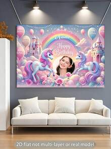 Customizable Photo & Name Rainbow Unicorn Theme Birthday Party Backdrop, Balloon Rainbow Cloud Castle Pink Floral Gold Star Decor Design, Suitable For Unicorn Theme Party Background Decoration Photography Banner Vinyl - Pink - View 4