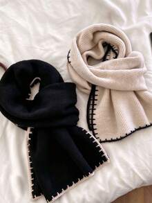 1pc Women's Wool Blend Knitted Scarf, Soft & Warm Winter Scarf With Contrast Trim, Premium Tweed Style Neck Scarf, Unisex Autumn/Winter - Off White - View 1