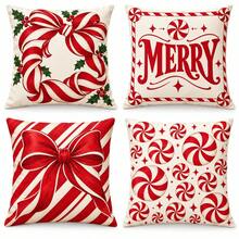 4 Buah Sarung Bantal Hias Natal Vintage Merah & Putih Motif Peppermint, Karangan Bunga Pita, Tulisan MERRY, Motif Pita & Permen, Cetakan Satu Sisi Super Lembut, Cocok Untuk Sofa, Ruang Tamu, Dekorasi Liburan Kamar Tidur, Isian Bantal Tidak Termasuk - MultiWarna - View 3