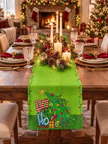 1pc Christmas Table Runner, Green HO HO HO Christmas Tree Light Print Linen Table Runner, Festive Rectangular Dining Table Decor For Kitchen, Family Dinner, Xmas Party, Holiday Banquet, Winter Farmhouse Home Decoration - A - View 10