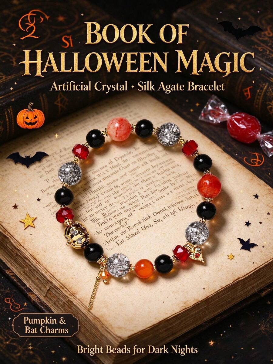 [VE]1pc European And American Punk Gothic Style Halloween Customized Bracelet, Artificial Crystal With Burst Crystal Agate, Pumpkin Charm, Halloween Party Outfit Accessory, Random Color - Bracelet - View 1