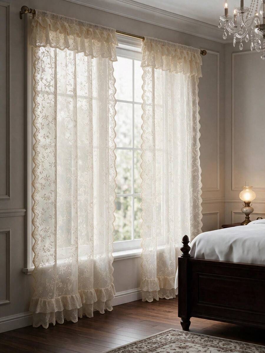 1 Peça Painel de Cortina Transparente Bordado com Flores Bege, Cortinas ...