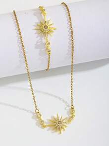 2pcs/Set Gold Starburst Necklace & Bracelet Set, Copper Zirconia Shiny Sunburst Pendant, Girls Children Jewelry, Delicate & Cute, Back To School Party Gift - Gold - View 4