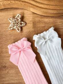2 Pairs Girls' Bow Cotton High Tube Socks, Breathable Non-Sweaty Dopamine Long Calf Socks - Multicolor - View 4