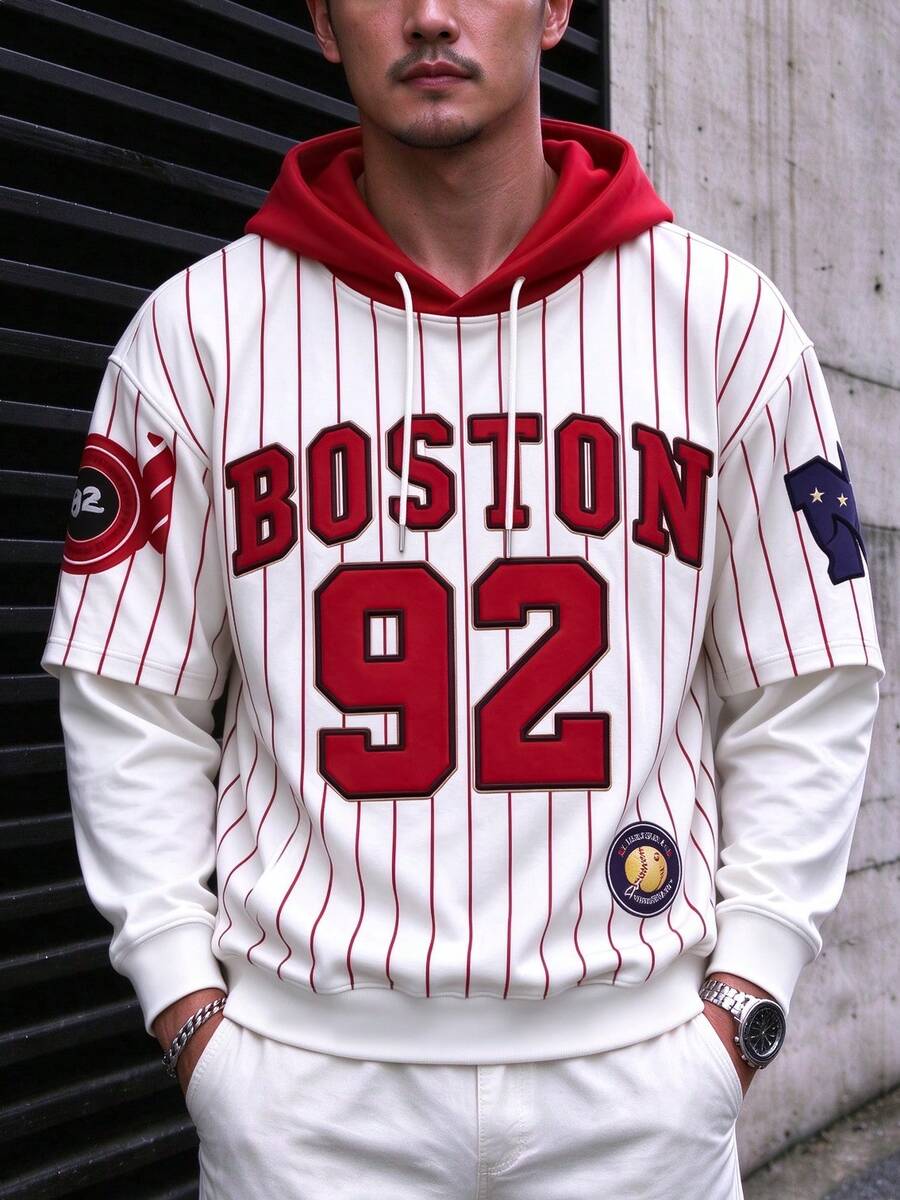 1件男士米色與紅色垂直條紋2合1連帽衛衣,紅色連帽對比色,Boston92字母與數字棒球徽章印花,美式復古棒球風,標準版型,街頭運動休閒日常上衣,春秋款 - 彩色 - 查看 1