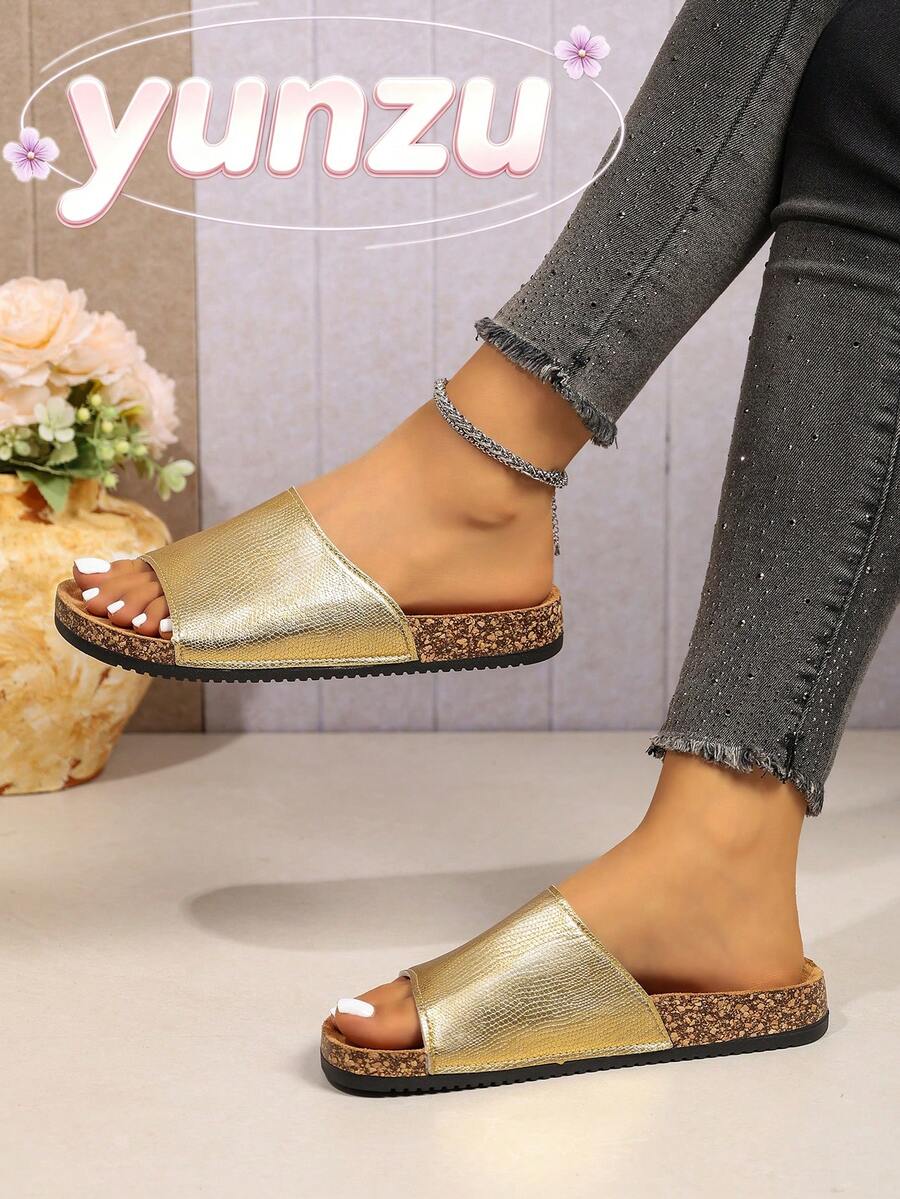 Women's Summer Shiny Gold Wide Strap Slide Sandals, Cork Insole Flat ...