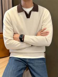Men's Autumn/Winter Fashion Versatile Business Style Color Block Polo Collar Pullover Knit Sweater, Suitable For Daily Commute - Apricot - View 3