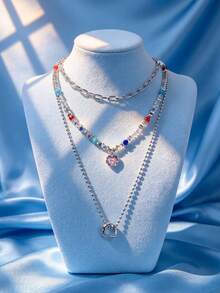 3-Strand Minimalist Chain Necklace With Crushed Stone Beaded Design And Geometric Circle Pendant, Fashion Simple Style - Silver - View 4
