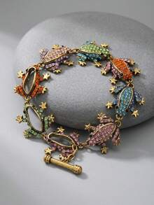 1pc Vintage Gold Multi-Color Rhinestone Frog Link Bracelet, Whimsical Animal Charm T-Bar Toggle Jewelry, Y2K Indie Aesthetic Statement Accessories - Multicolor - View 2