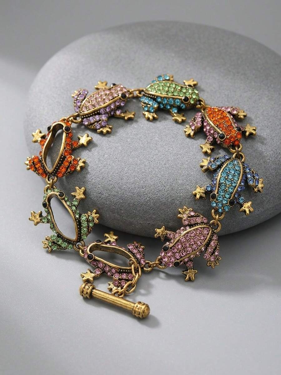 1pc Vintage Gold Multi-Color Rhinestone Frog Link Bracelet, Whimsical Animal Charm T-Bar Toggle Jewelry, Y2K Indie Aesthetic Statement Accessories