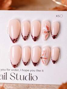 10pcs Handmade Reusable Press-On Nails, Almond Shape Nude Pink Base, Brown Striped French Tip, Hand-Painted 3D Asymmetrical Petal Carving With Rhinestone Decor, Elegant Vintage Manicure, Suitable For Autumn Daily, Date, Party Wear - Chocolate Brown - View 1
