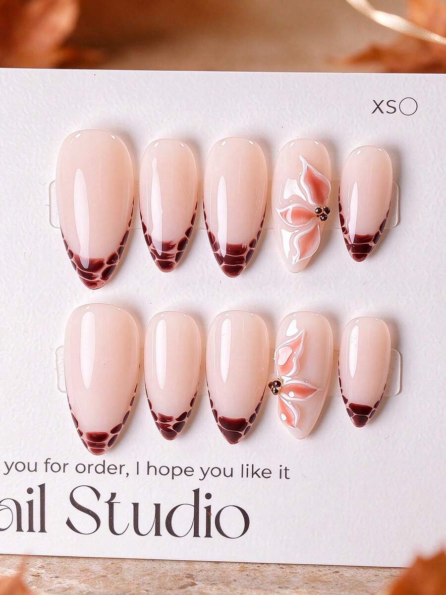 10pcs Handmade Reusable Press-On Nails, Almond Shape Nude Pink Base, Brown Striped French Tip, Hand-Painted 3D Asymmetrical Petal Carving With Rhinestone Decor, Elegant Vintage Manicure, Suitable For Autumn Daily, Date, Party Wear - Chocolate Brown - View 1
