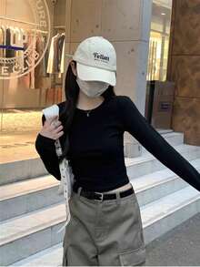 Women's Basic Black Long Sleeve Crew Neck Knit T-Shirt, Medium Stretch Fabric, Regular Fit Top For Autumn/Winter - Black - View 7