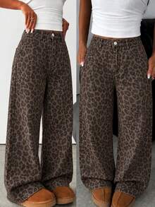 Girls' Leopard Print Fashion Casual Denim Long Pants, Spring/Autumn/Winter New Style - Coffee Brown - View 7