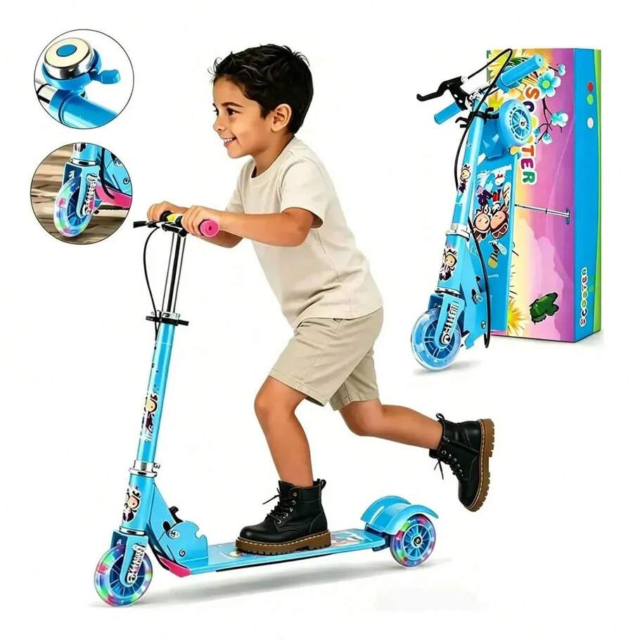 Patinete Infantil Plegable Ajustable De 3 Ruedas Con Luz Led - Azul - Ver 1