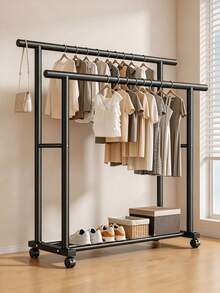 1pc Double Garment Rack With Swivel Casters, Thickened Tube For Stable Support, Freestanding Design, For Bedroom Clothes Storage, Temporary Drying And Clothing Display - A - View 6