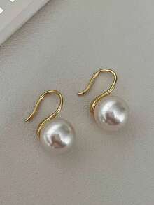 1 Pair Minimalist Women's Large Faux Pearl Stud Earrings, White Princess Fairy Accessory Earrings With Anti-Drop Hook Design, Gift Jewelry - White - View 3