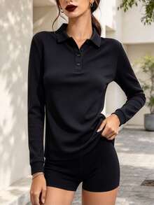 Women's Spring/Autumn Polo Shirt, Thin Ice Silk Breathable Versatile Short Sleeve Top, Fashion Button Collar Design, Suitable For Daily Commute, Outdoor Leisure And Running Fitness Sports - Black - View 1