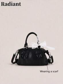 Mini Boston Handbag, Solid Color Faux Leather, Bow Decor, Detachable Crossbody Strap, Sweet & Cute Style, Suitable For Daily Wear, Dating, All Seasons (Wear With Scarf) - Black - View 9