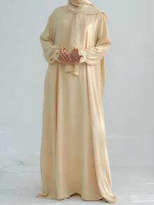Women's Elegant Long Sleeve Long Abaya With Ruffle Cuffs - Khaki - View 6