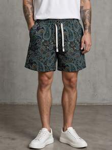 Men's American Retro Cashew Floral Drawstring Bermuda Shorts, Loose Fit Elastic Waist Beach Vacation Casual Mid-Length Pants, Summer - Green - View 1