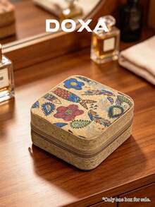 DOXA Vintage Print Portable Jewelry Box, Travel Zipper Jewelry Storage Box, Compact Ring Necklace Earring Display Storage Box - Brown 2 - View 5