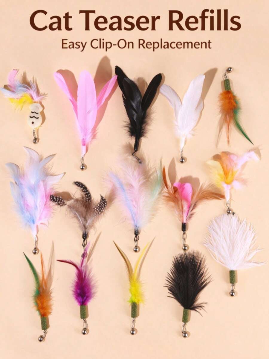 6Pcs Random Mixed Feather Cat Teaser Refills With Bell, Interactive Cat ...