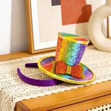 Rainbow Color Mini Top Hat Headband With Multicolor Feathers, Rainbow Feather Headband Top Hat For Halloween Party, Tea Party Decoration - Top Hat Headband - View 3
