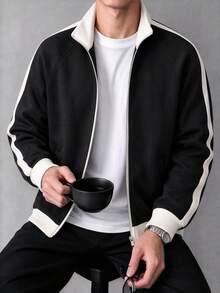 Men's Autumn/Winter Casual Versatile Minimalist Colorblock Zip-Up Sweatshirt Long Sleeve Sweatshirt For Commuting And Travel - Black - View 3