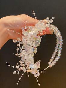 Transparent AB Crystal Beaded Floral Headband For Bridal Wedding Photoshoot Formal Occasion Hair Decor - White - View 2