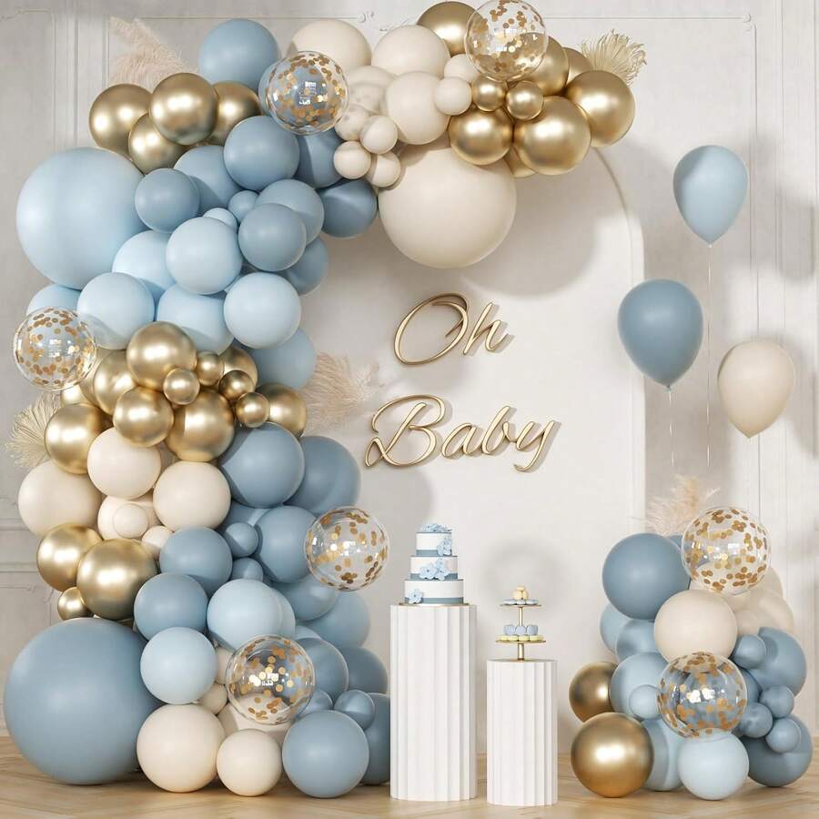 134pcs Blue & Gold Sequin Balloon Garland Kit With 2 Balloon Accessories, Decorative Balloon Arch Set, Perfect For Birthday, Wedding, Baby Shower, Wall Backdrop, Home Holiday Party Decorations - View 1